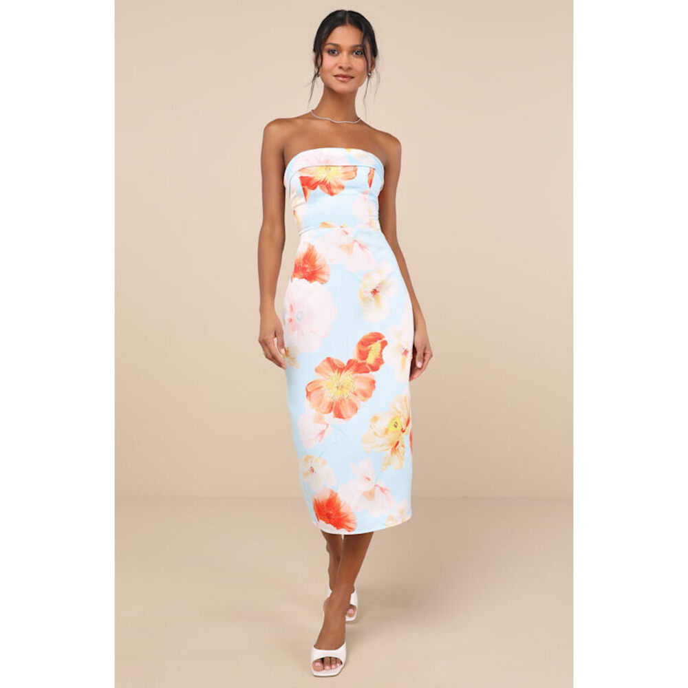 Lulus Oriana Light Blue Floral Satin Strapless Midi Dress - Size S